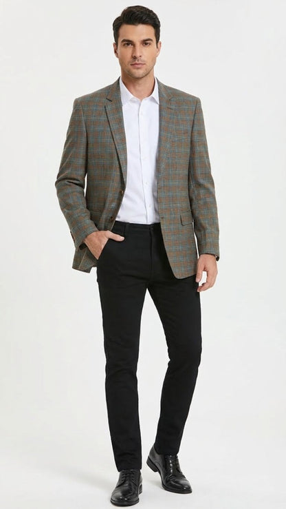 Mens Green Brown and Teal Plaid Sport Coat  Tailored Fit Check Blazer Jacket - Tartan Sportcoat