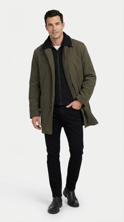 Mens Olive Brown Trench Coat Raincoat – Classic Water Resistant Long Coat with Zip and Button Closure for Business, Travel and Everyday Outerwear