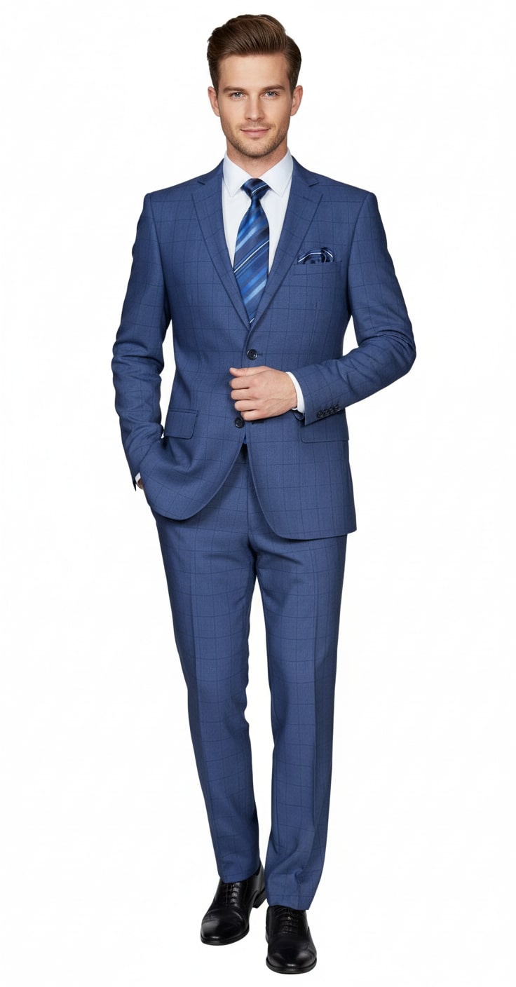Mens Indigo Navy Blue Windowpane Check Suit  Classic 2-Piece Formal Business and Wedding Wear Set in Cobalt Blue