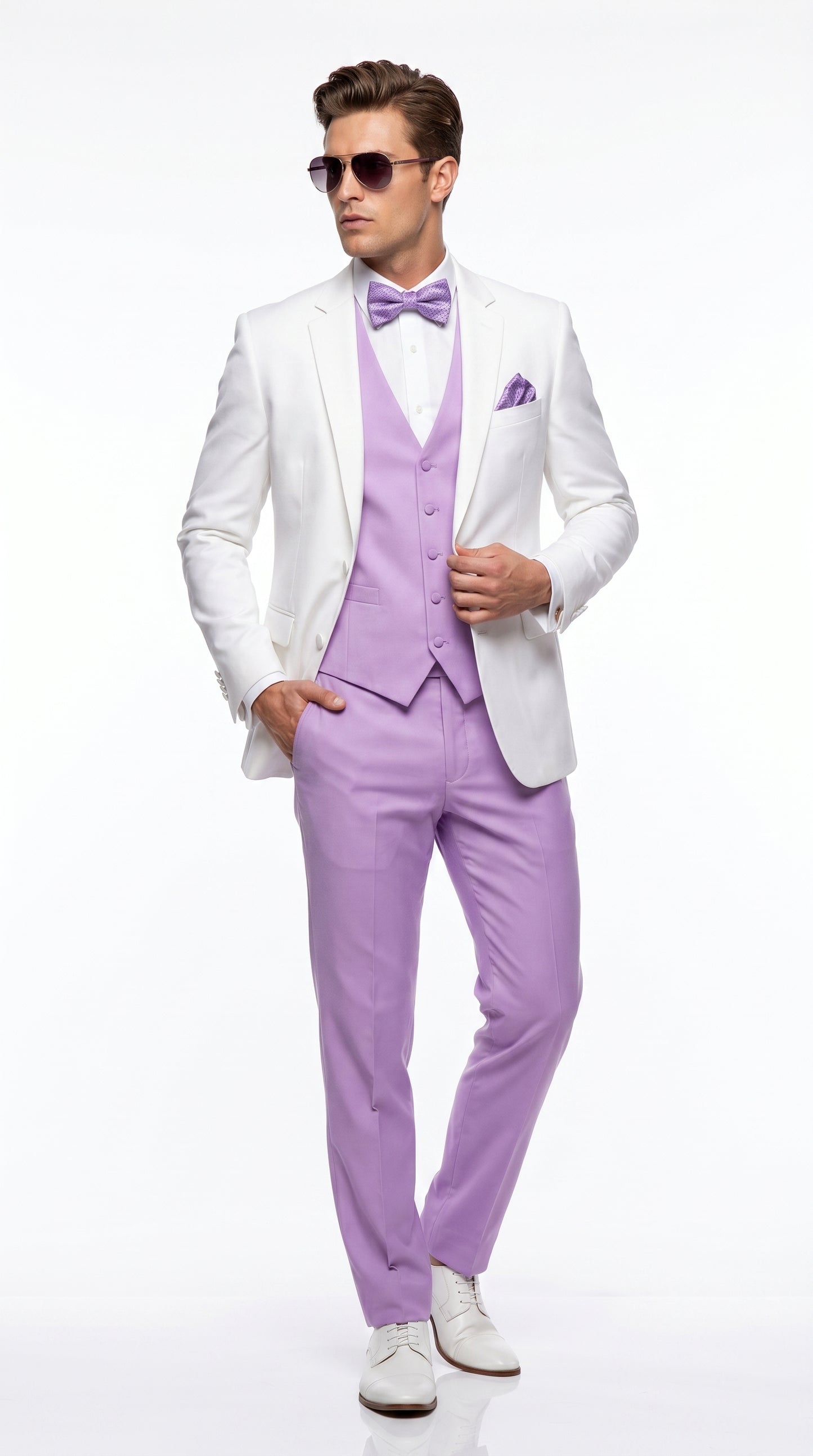 Men’s White and Lavender Tuxedo Wedding Suit with Dinner Jacket, Vest, Pants and Bow Tie