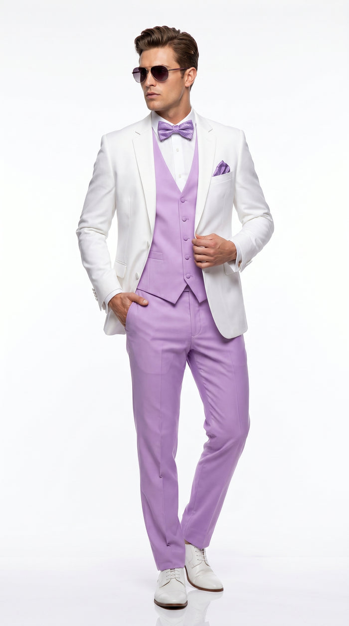 Men’s White and Lavender Tuxedo Wedding Suit with Dinner Jacket, Vest, Pants and Bow Tie