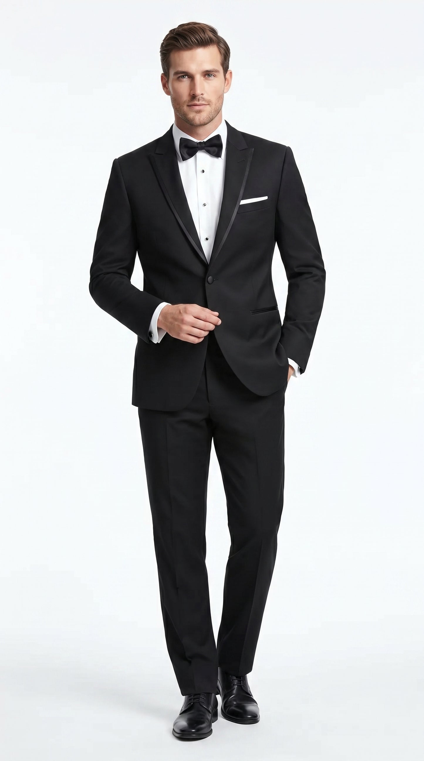 Men’s Black Designer Peak Trim Ashton Tuxedo with Satin Lapel, Formal Wedding Dinner Suit