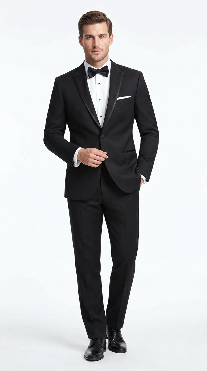 Men’s Black Designer Peak Trim Ashton Tuxedo with Satin Lapel, Formal Wedding Dinner Suit