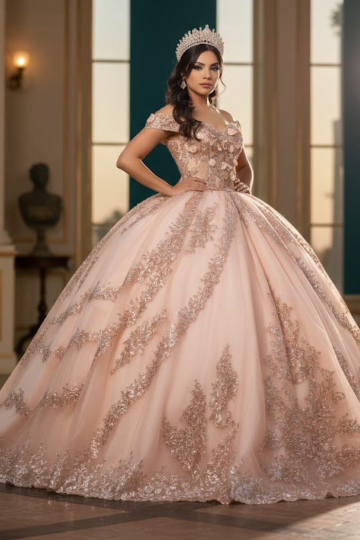 Off the Shoulder Quinceañera Ball Gown with Sequins 3D Floral Lace Sweet 16 Dress by Layla K LK285