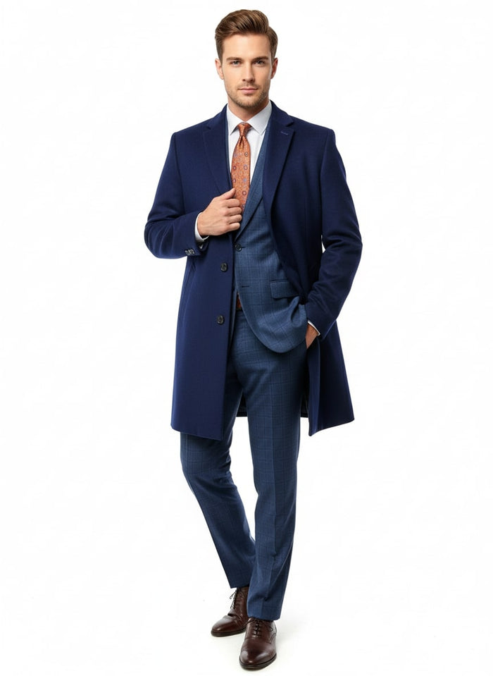 Mens Cobalt Blue Wool and Cashmere Car Coat Overcoat  Classic Winter Topcoat for Indigo Sapphire Color (light Navy Dark Royal)