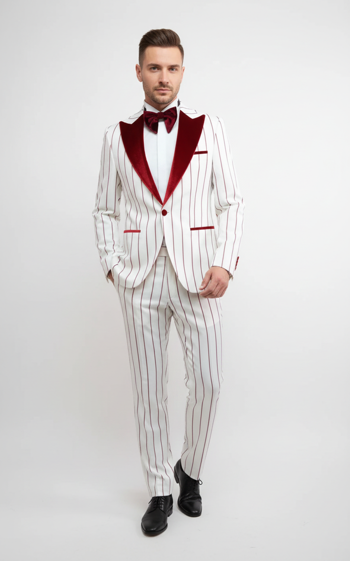 Mens White and Dark Red Pinstripe Tuxedo with Velvet Shawl Lapel  Formal Dinner Blazer Prom Christmas New Year Holiday Suit