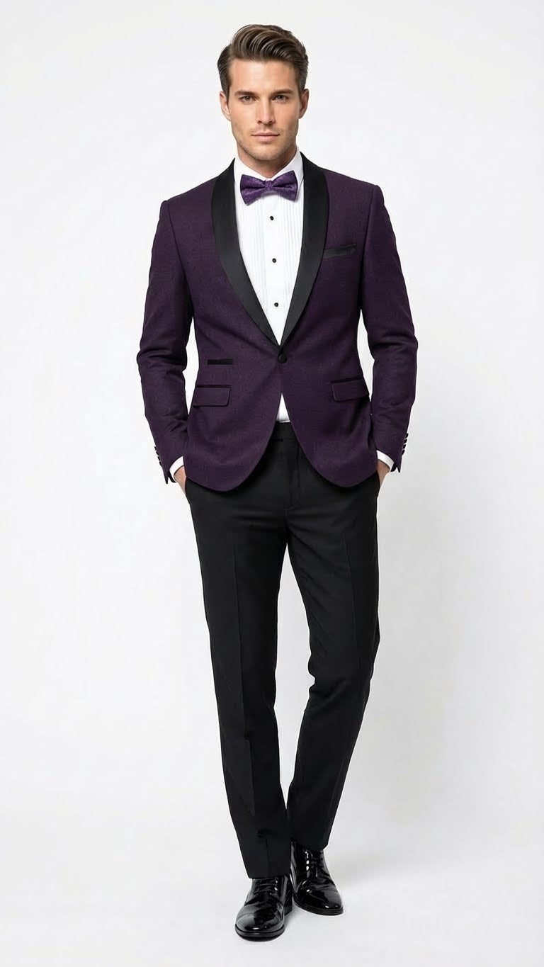 Men's Eggplant Plum Purple Tuxedo Blazer with Satin Lapel, White Tuxedo Shirt and Matching Purple Bow Tie - Slim Fitted - Prom wedding Suit With Pants