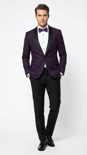 Mens Eggplant Plum Purple Tuxedo Blazer with Satin Lapel, White Tuxedo Shirt and Matching Purple Bow Tie - Slim Fitted - Prom wedding Suit With Pants