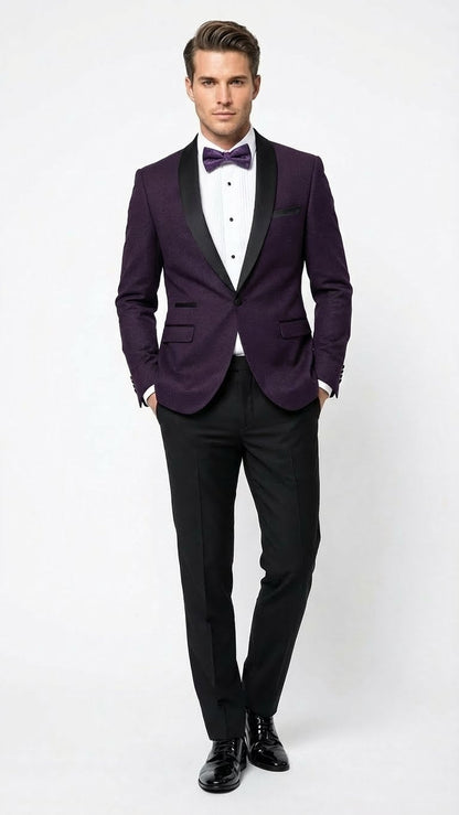 Men's Eggplant Plum Purple Tuxedo Blazer with Satin Lapel, White Tuxedo Shirt and Matching Purple Bow Tie - Slim Fitted - Prom wedding Suit With Pants