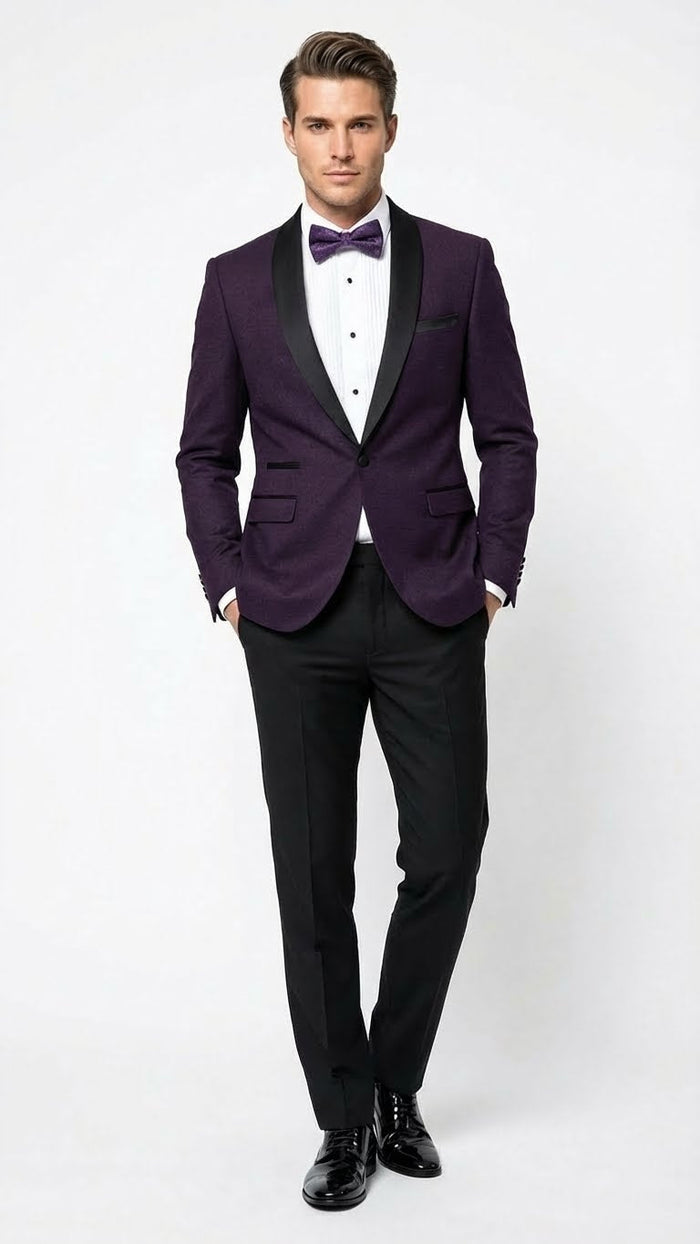 Men's Eggplant Plum Purple Tuxedo Blazer with Satin Lapel, White Tuxedo Shirt and Matching Purple Bow Tie - Slim Fitted - Prom wedding Suit With Pants