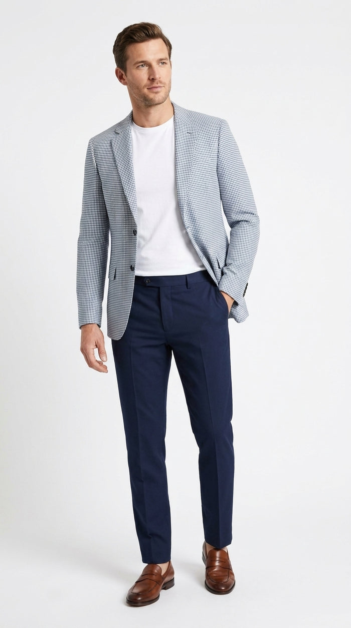 Men’s Light Blue Checkered Sport Coat – Two-Button Wedding, Business and Smart Casual Blazer