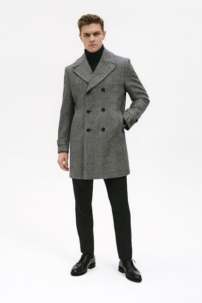 Mens Grey Plaid Double-Breasted Overcoat with Black Faux Fur Collar  Classic Winter Peacoat