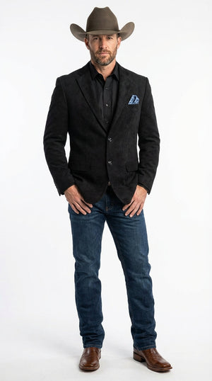 Men’s Black Suede Cowboy Blazer with Elbow Patch Sleeves – Black Western Style Suede Sport Coat for Casual and Smart Casual Wear