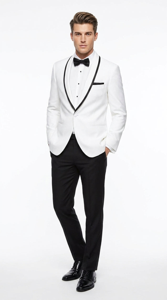 Men’s White Tuxedo Jacket – Black Trim Shawl Lapel Formal Dinner Blazer for Weddings, Prom Wedding Blazer Modern fit