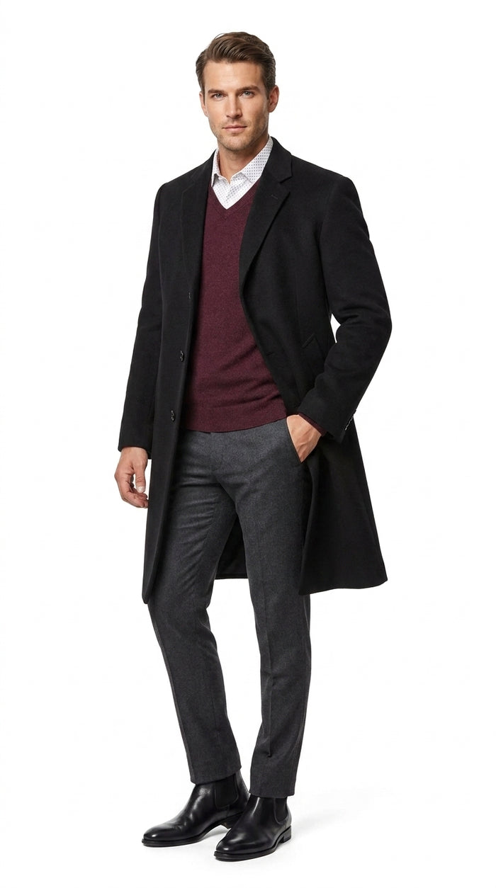 Men’s Big and Tall Black Cashmere Overcoat – Full-Length Winter Dress Coat for Business and Formal Wear