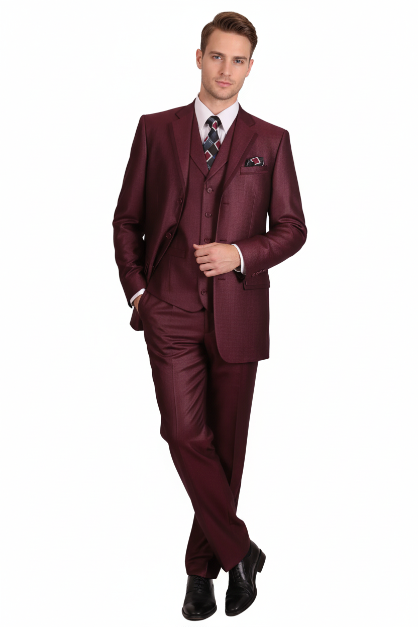 Mens Burgundy 3-Piece Suit  Burgundy Three Buttons Vested Suit - Pleated Pants Classic Fit Athletic Cut