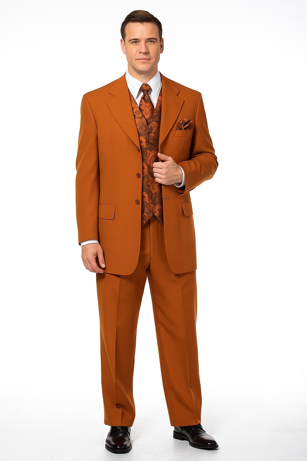 Mens Rust 3-Piece Fashion Suit  Notch Lapel with Paisley Vest, Tie and Pocket Square - Zoot Suit