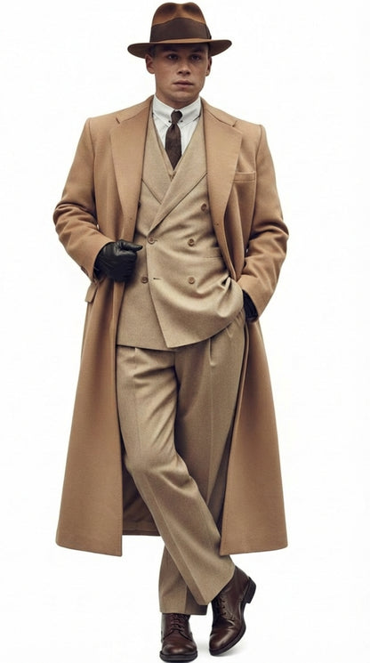 Men’s Cashmere & Wool Camel Beige Long Overcoat – Peaky Blinders Style Vintage Formal Coat + Suit + Hat Package