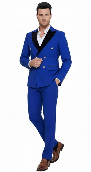 Mens Royal Blue Double-Breasted Tuxedo Suit  Modern Slim Fit Formal Wedding and Prom Outfit with Black Satin Lapel