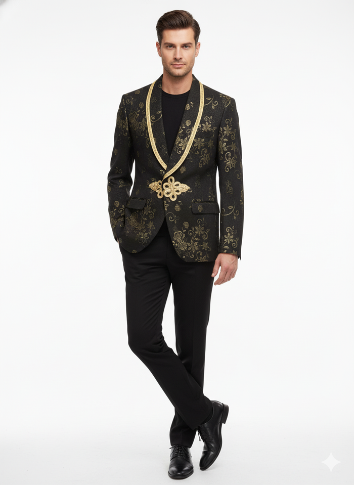 Mens Black and Gold Embroidered Luxury Blazer  Designer Floral Pattern Wedding & Party Jacket (Sim534)