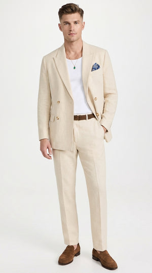 Men’s Light Beige Linen Double-Breasted Suit – Summer Wedding, Beach and Formal 2-Piece Suit