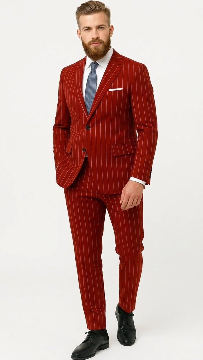 Men's Red Pinstripe Suit - Stripe Two-Button Vested Suit 2 Buttons