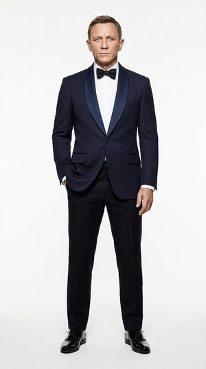 Men’s Navy James Bond Tuxedo Dinner Jacket – Satin Shawl Lapel Wedding, Prom and Black-Tie Blazer