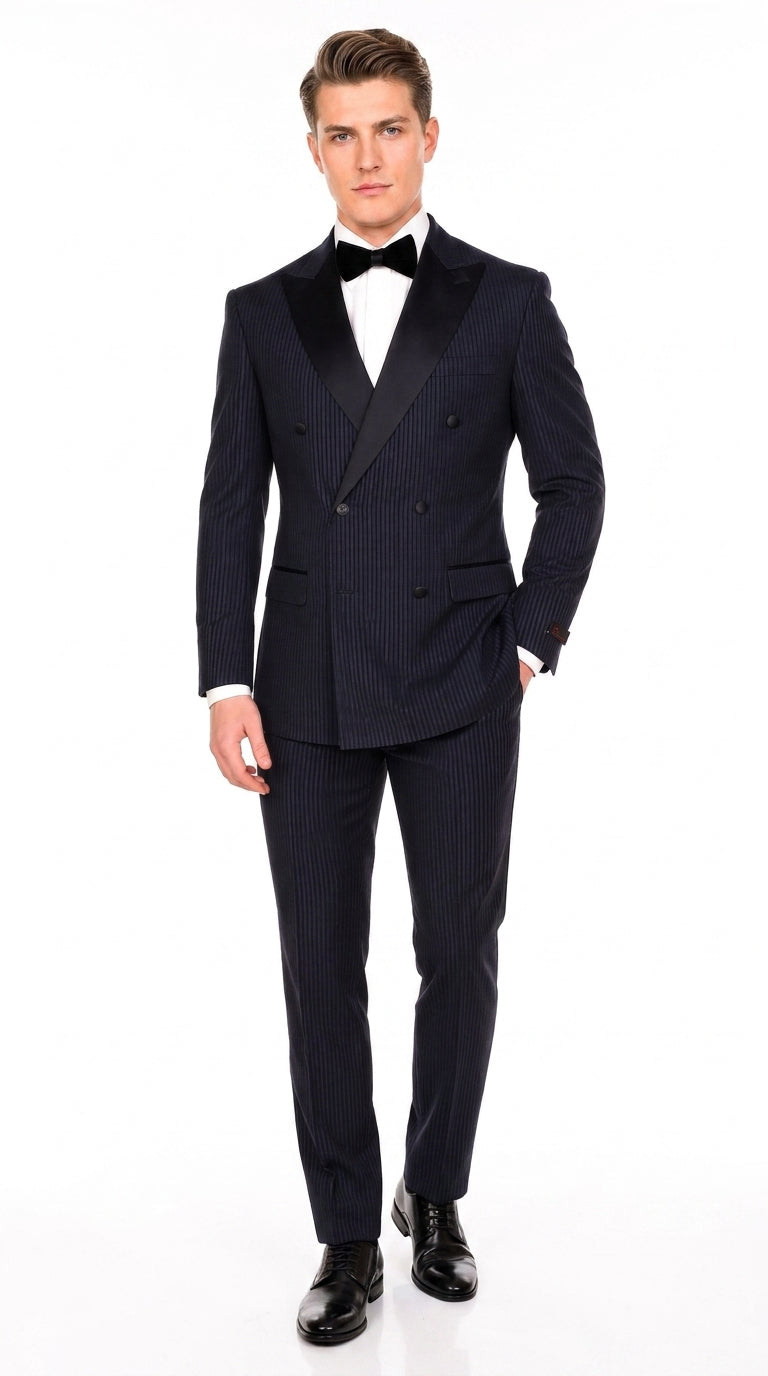 Men’s Navy Blue Double-Breasted Tuxedo – Tone-on-Tone Shadow Pinstripe Formal Wedding and Prom Suit