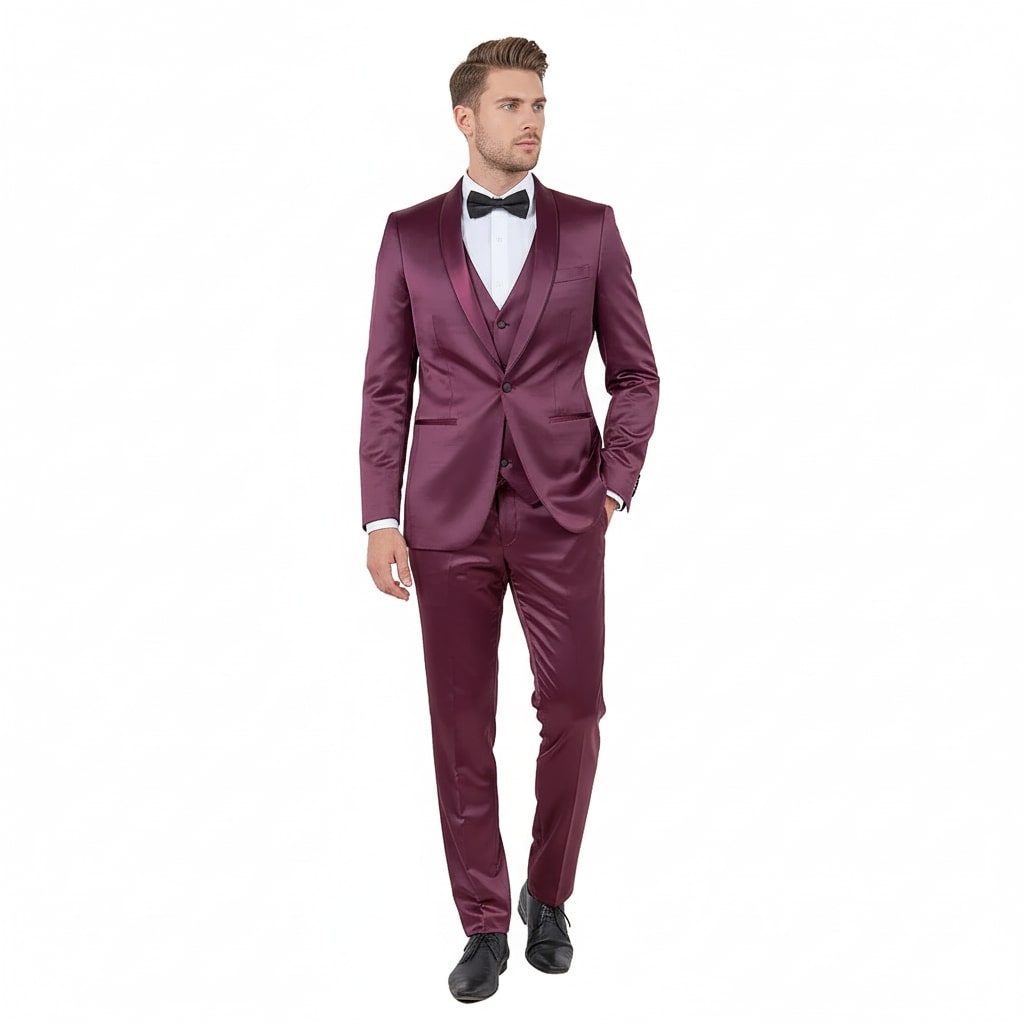 Mens Sateen Shiny Burgundy Slim Fit Tuxedo  Satin Shawl Lapel 3-Piece Suit