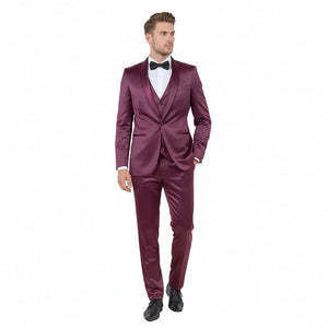 Mens Sateen Shiny Burgundy Slim Fit Tuxedo  Satin Shawl Lapel 3-Piece Suit
