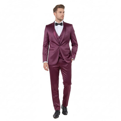 Mens Sateen Shiny Burgundy Slim Fit Tuxedo  Satin Shawl Lapel 3-Piece Suit