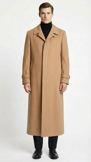 Mens Full-Length Camel Overcoat  Classic Long Microfiber-Blend Coat for Winter and Formal Wear Maxi Duster Coat