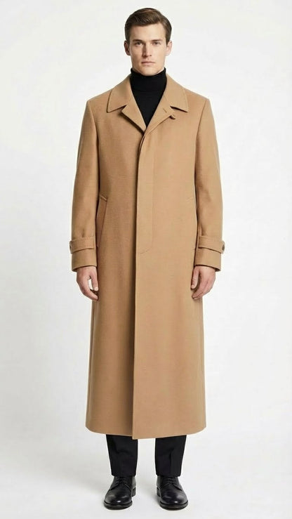Mens Full-Length Camel Overcoat  Classic Long Microfiber-Blend Coat for Winter and Formal Wear Maxi Duster Coat