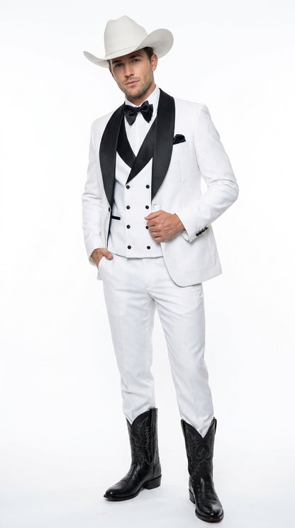 Men’s White and Black Western Wedding Tuxedo – Cowboy Style 3-Piece Traje para Boda with Double-Breasted Vest