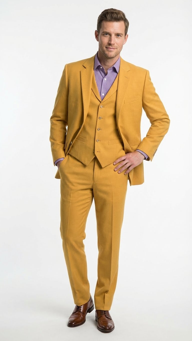 Mens Mustard Yellow Three Piece Suit | 2 Button Notch Lapel Modern Fit in Gold Color - Church Suit