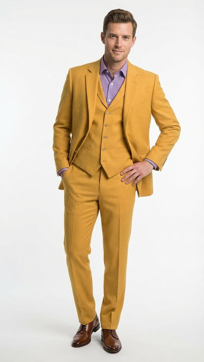 Mens Mustard Yellow Three Piece Suit | 2 Button Notch Lapel Modern Fit in Gold Color - Church Suit