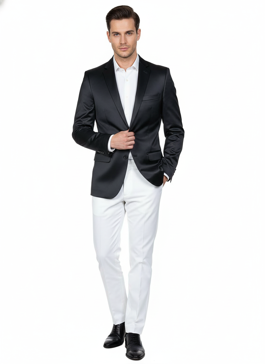 Mens Black Satin Blazer  Classic Slim Fit Two-Button Formal Suit Jacket for Weddings, Parties, and Business Events