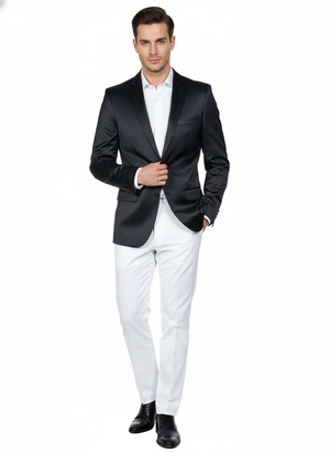Mens Black Satin Blazer  Classic Slim Fit Two-Button Formal Suit Jacket for Weddings, Parties, and Business Events