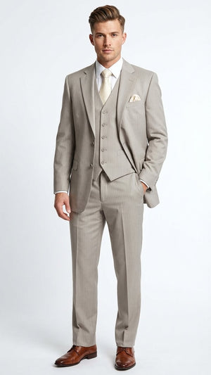 Mens Light Tan Pinstripe 3 Piece Suit with Jacket, Vest, and Pants | Shadow Stripe Tone Tone Pleated Pants Classic