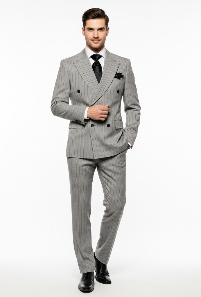 Mens Grey and Black Pinstripe Double-Breasted Suit  1920s Gangster Vintage Looking suit By Rossiman
