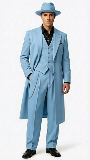 Mens Light Blue Zoot Suit  1920s Long Mafia Gangster Three-Piece Vintage Outfit Sky Blue Light Blue Color