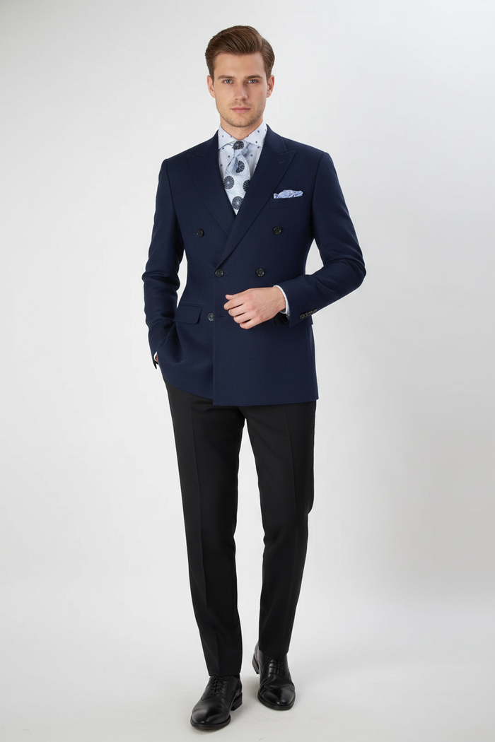 Mens Navy Blue Double-Breasted Blazer - Suit Jacket  Premium Tailored Fit Formal Wedding and Business Sport Coat