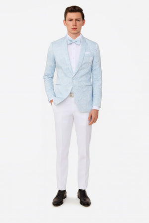 Mens Light Blue Paisley Tuxedo Jacket with Matching Bow Tie  Slim Fit Blazer for Weddings, Prom, and Formal Events
