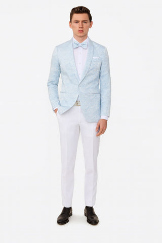 Mens Light Blue Paisley Tuxedo Jacket with Matching Bow Tie – Slim Fit Blazer for Weddings, Prom, and Formal Events