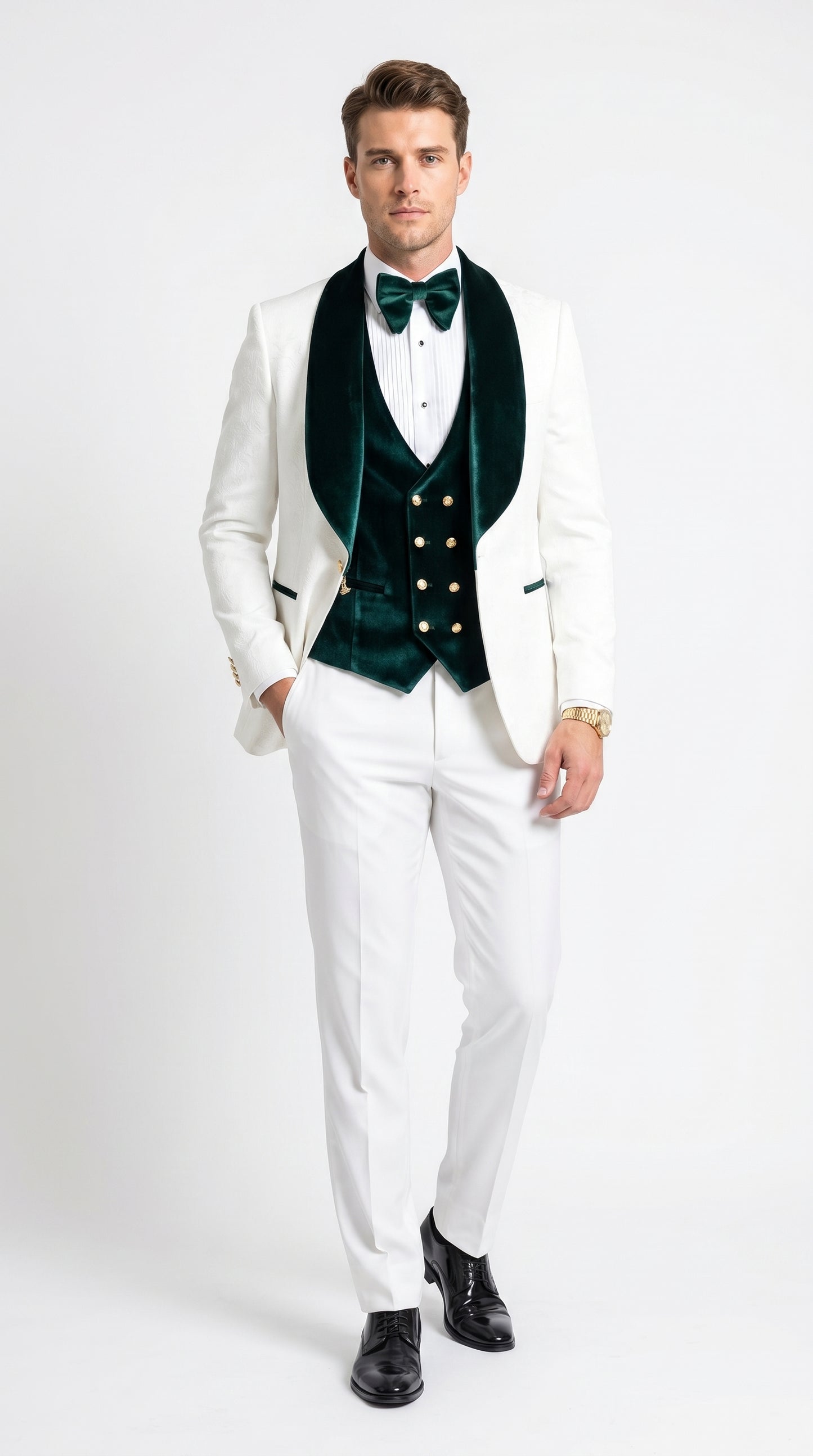 Men’s White and Green Tuxedo Wedding Suit with Shawl Lapel, Velvet Vest and Pants