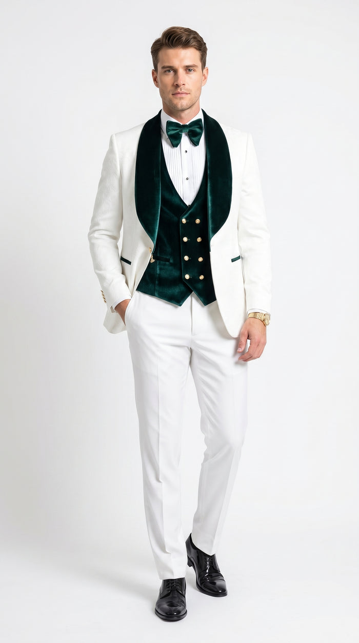 Men’s White and Green Tuxedo Wedding Suit with Shawl Lapel, Velvet Vest and Pants