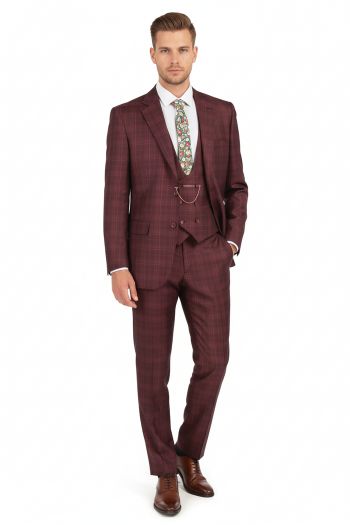 Mens Burgundy Checkered 3-Piece Suit  Windowpane Classic Fit Plaid Blazer with Vest and Pants