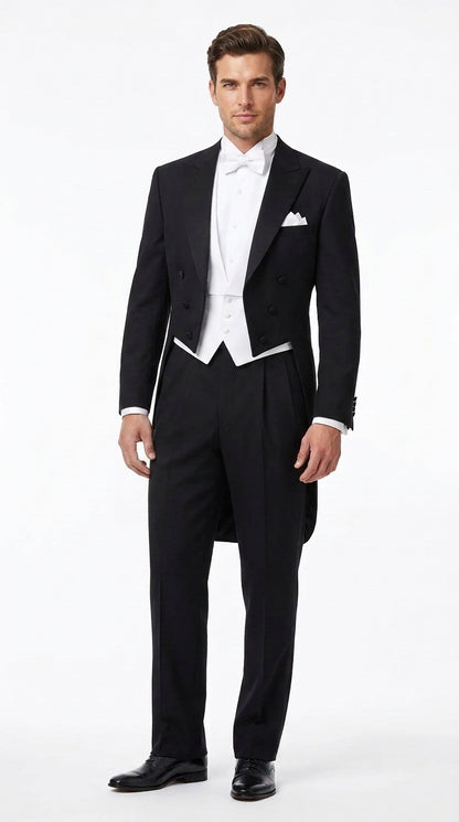 Men’s Black Victorian Tailcoat Tuxedo – 1800s 19th Century Edwardian Peak Lapel Formal Suit
