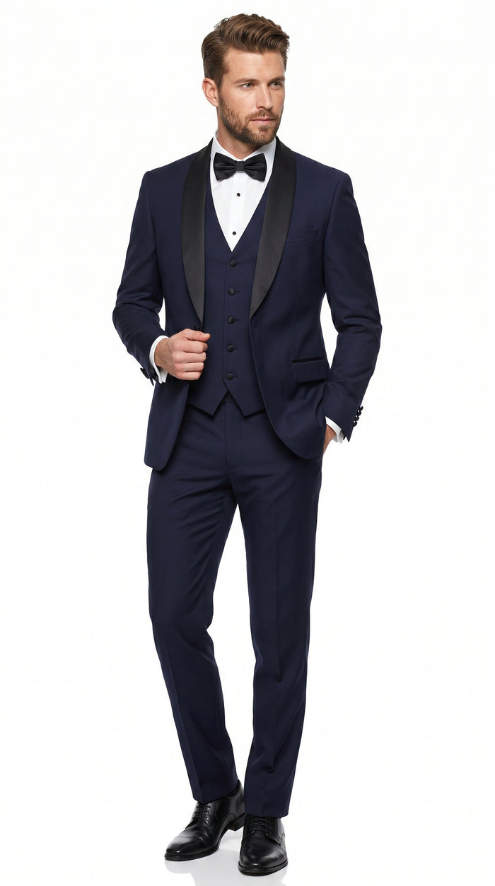 Men’s Navy Blue Vested Wool Tuxedo with 1 Button Jacket, Black Shawl Lapel and Matching Pants