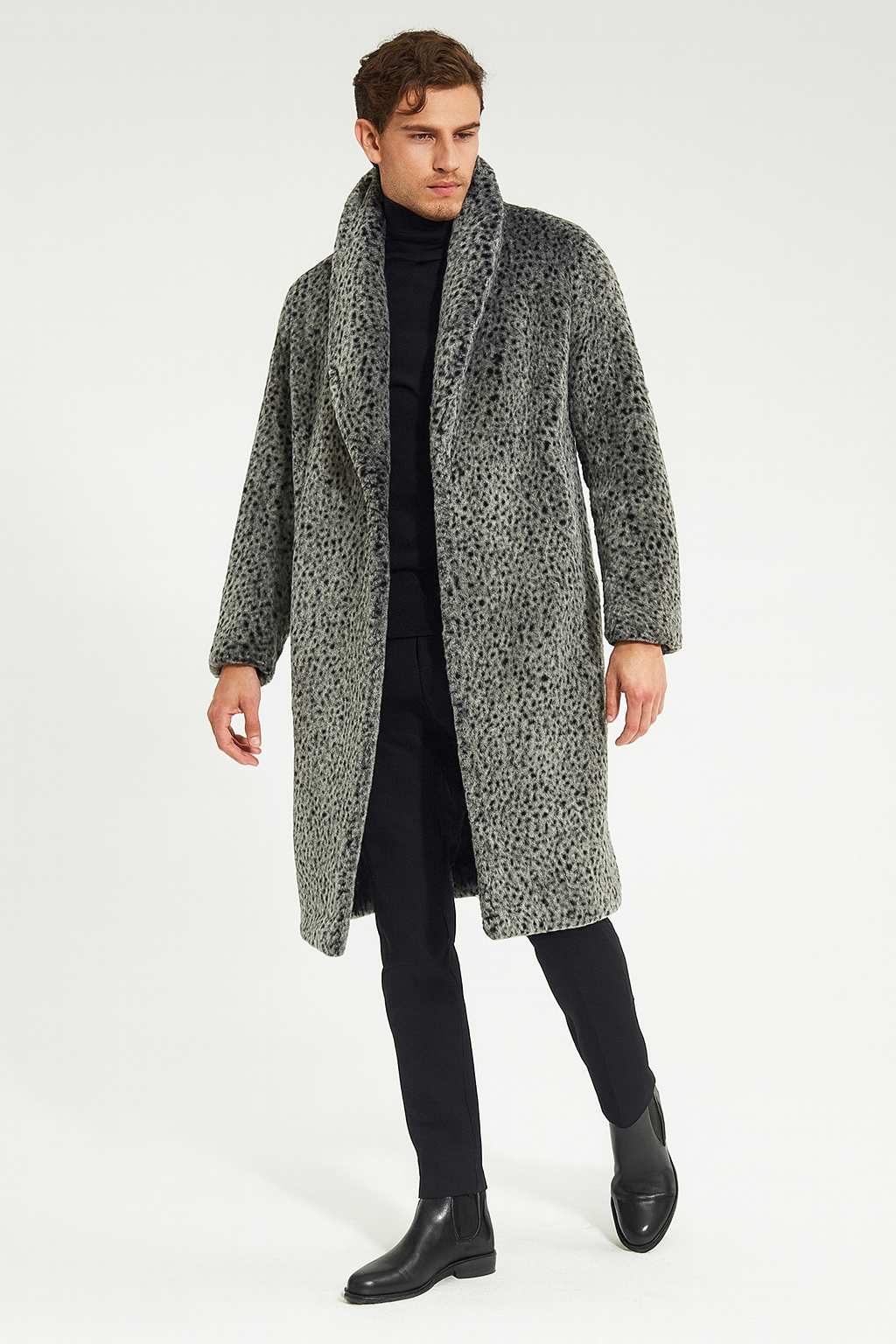 Mens Luxury Long Grey Faux Fur Coat  Winter Overcoat with Animal Print Design